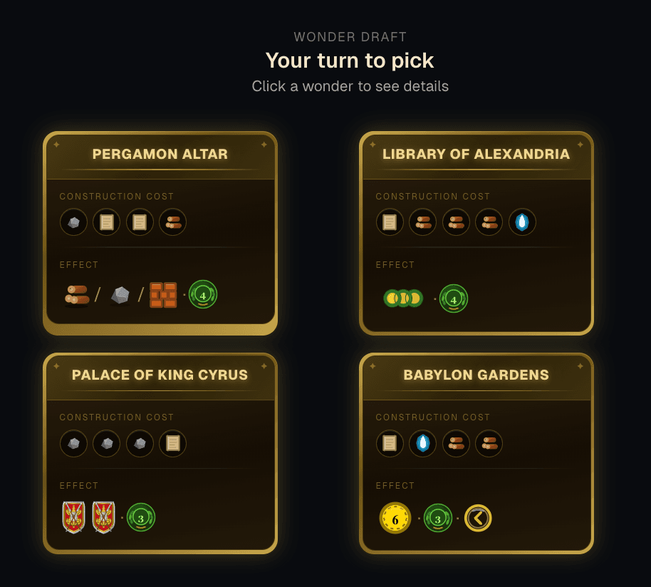 Screenshot of the Wonder draft, showing 4 face-up Wonders being picked